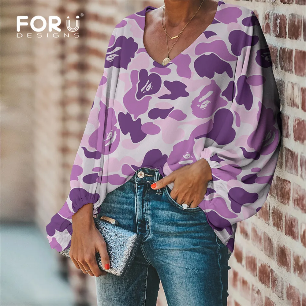 

Женская блузка FORUDESIGNS, модная камуфляжная Брендовая женская одежда, длинная свободная женская рубашка, повседневные блузы с глубоким V-обра...