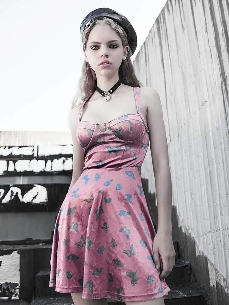 Женские бархатные платья на подтяжках в стиле панк готические бабочки PQ-689LQ