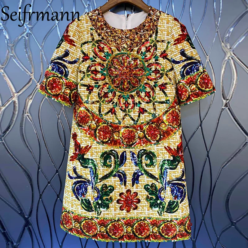 

Seifrmann New 2021 Autumn Women Fashion Designer Party Mini Dress Short Sleeve Gorgeous Sequined Beading Vintage Print Dresses