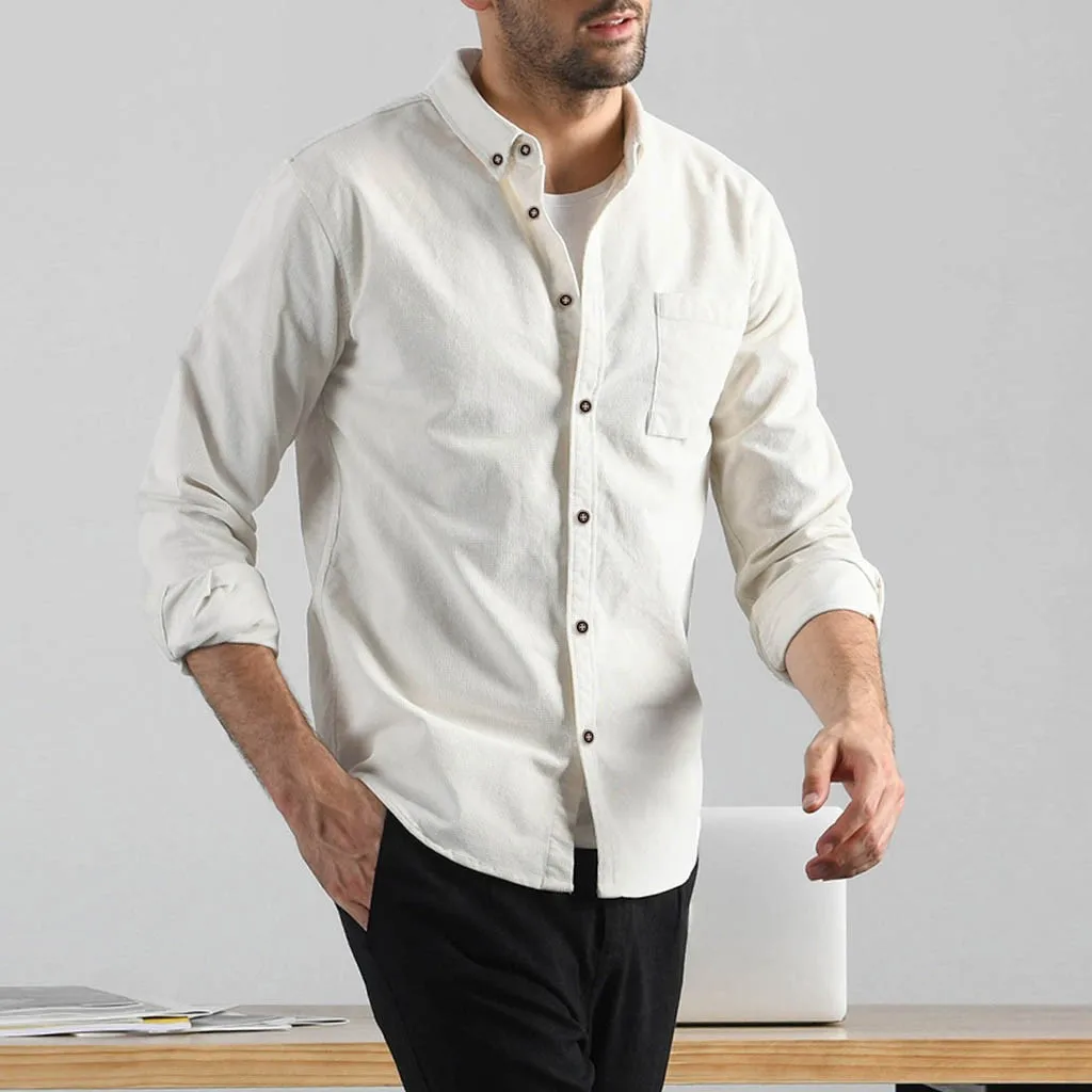 Мужская Вельветовая рубашка Повседневная Однотонная с карманами и длинным