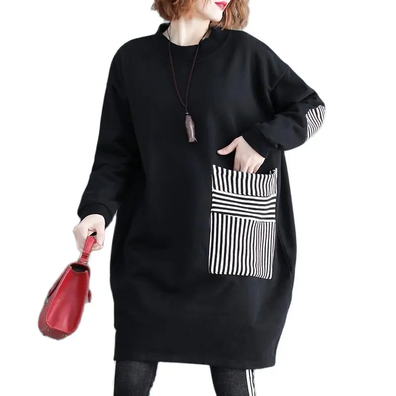 

Solid Color Black Women Oversize Hoodies Sweatshirts O-neck Female Clothes Striped Pullover Vintage Black Patchwork Loose Top