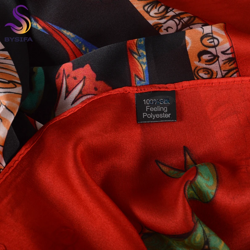 Женский атласный шарф с цветочным рисунком [BYSIFA] красно-черный квадратный