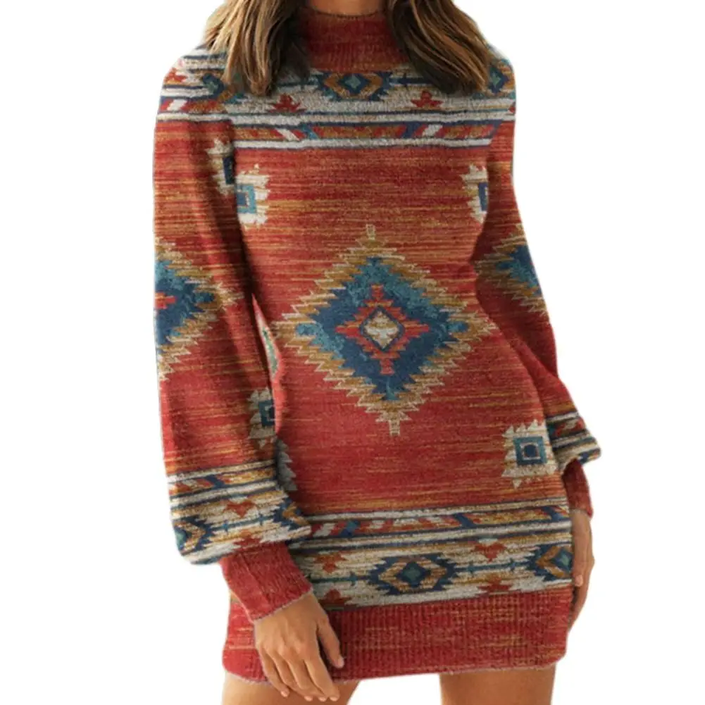 

Popular Plus Size Women Casual Dress Charming Thick Mini Dress Vintage Print Stretchy Casual Dress
