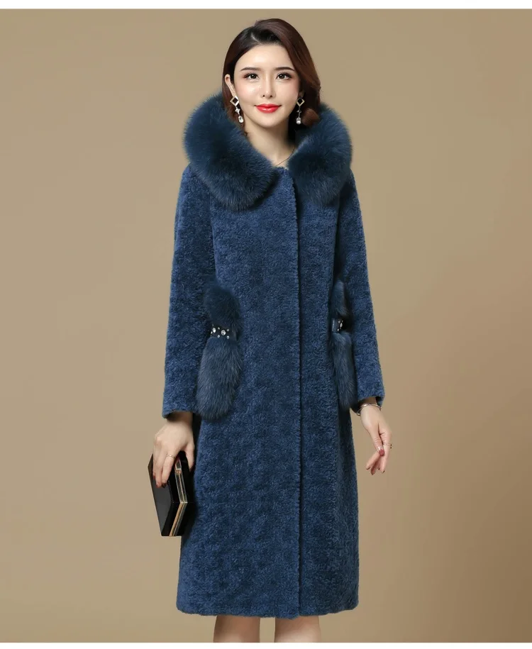 Blue UHYTGF осенне-зимнее пальто из искусственного меха для женщин, теплое длинное пальто с меховым воротником и капюшоном, большие размеры, женская меховая куртка, женское плюшевое пальто 1031 - Color: Blue