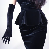 elegant female gold velvet dinner dress gloves winter thin full finger 43cm long sexy black elastic warm driving gloves h47