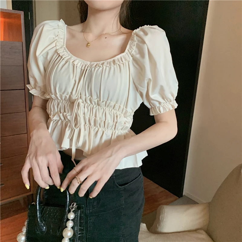 

BETHQUENOY Summer Ladies Tops 2021 Blusas Camisas Mujer Black Folds Shirts Woman Chemise Femme Short Fit Blouses Women Clothes