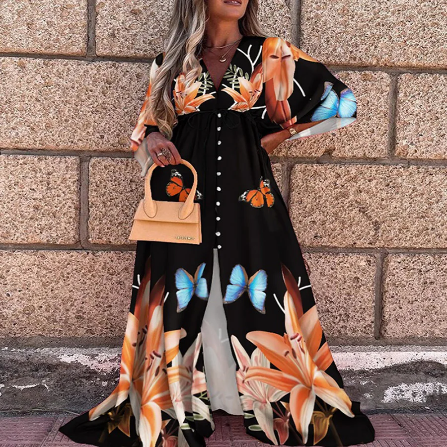 Женское платье с глубоким V-образным вырезом расклешенным рукавом | Женская