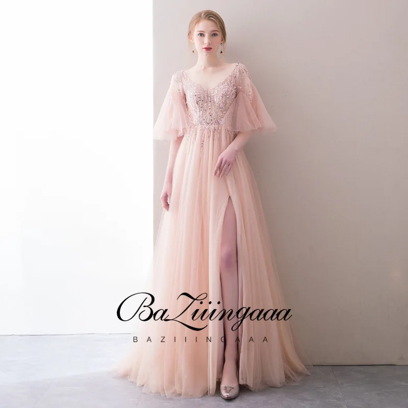 

BAZIIINGAAA Luxurious and Elegant Lace Beaded Evening Dress Lotus Leaf Sleeves V-neck Criss-Cross Design Evening Dress Long Size