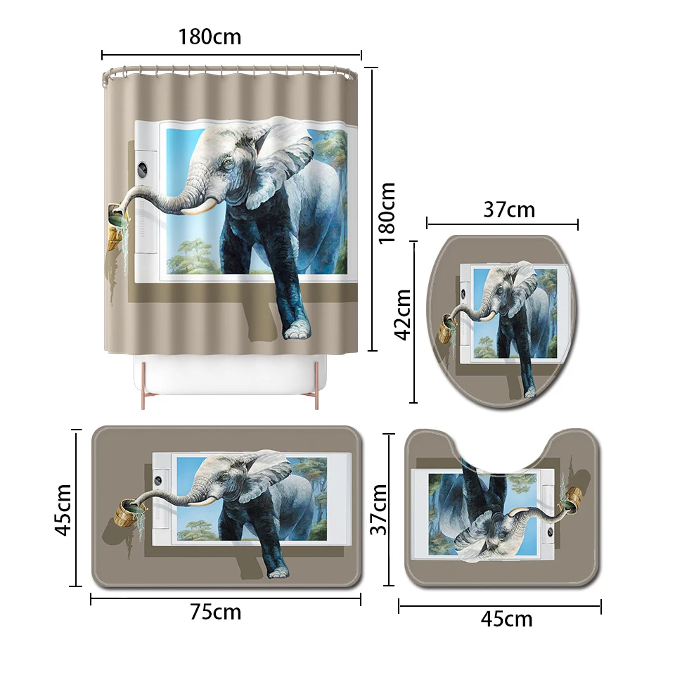 

3D Printed Animal Series Shower Room Bath Mat Bathroom Carpet Rugs with Shower Curtain Set Non-slip Toilet Seat Cover Mat
