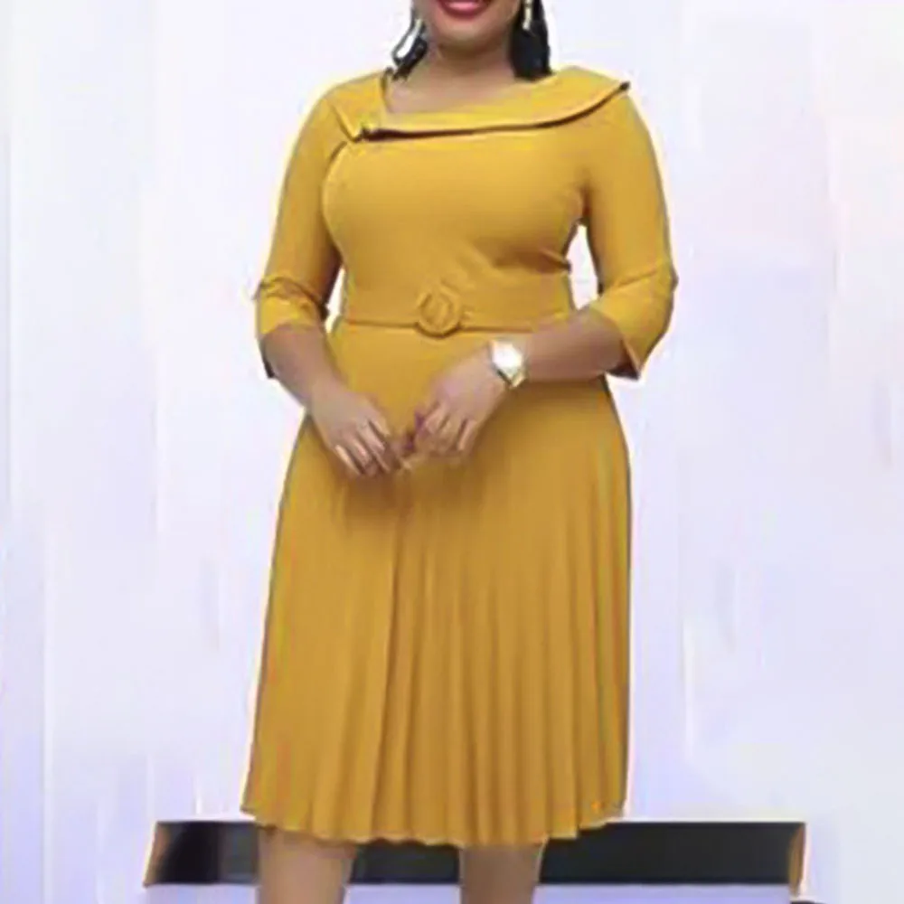 

Europe America Fashion Oversize African Women's Dress Solid Color Pleated High Waist Summer 2021 Casual Temperament