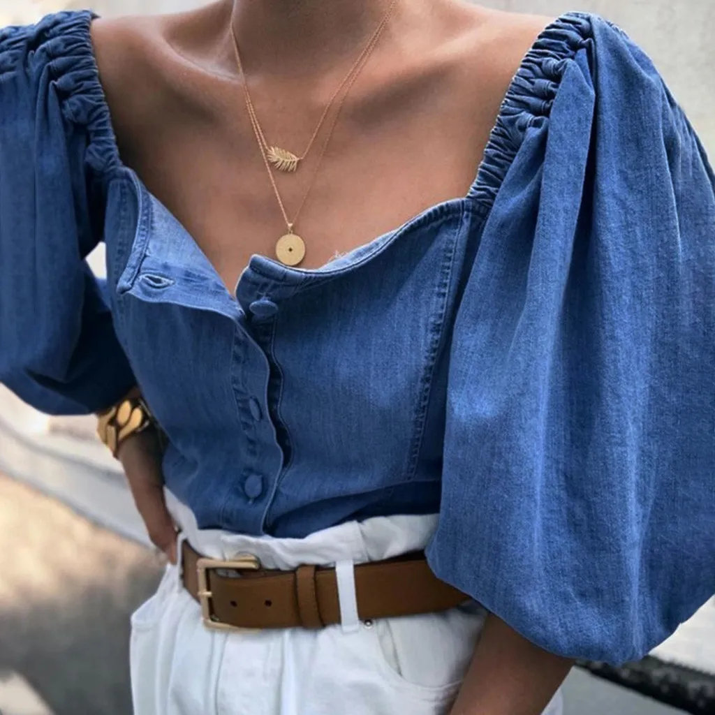 Сексуальная Блузка с длинным рукавом-фонариком Весенняя джинсовая рубашка без