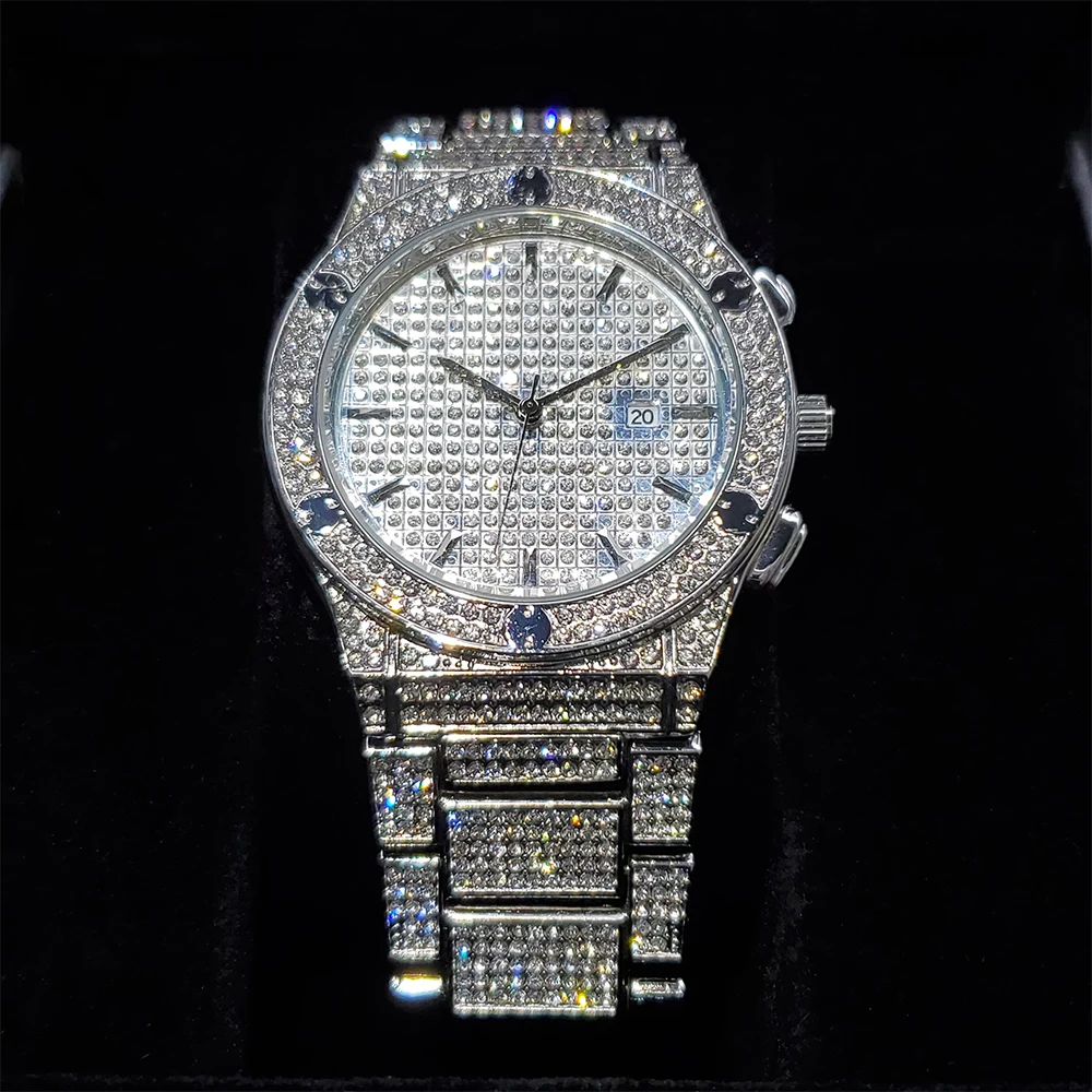 

Hip Hop MISSFOX Big Men's Watch Silver Quartz Clock Luxury Diamond Classic Business Waterproof Wrist Watches Relogio Masculino