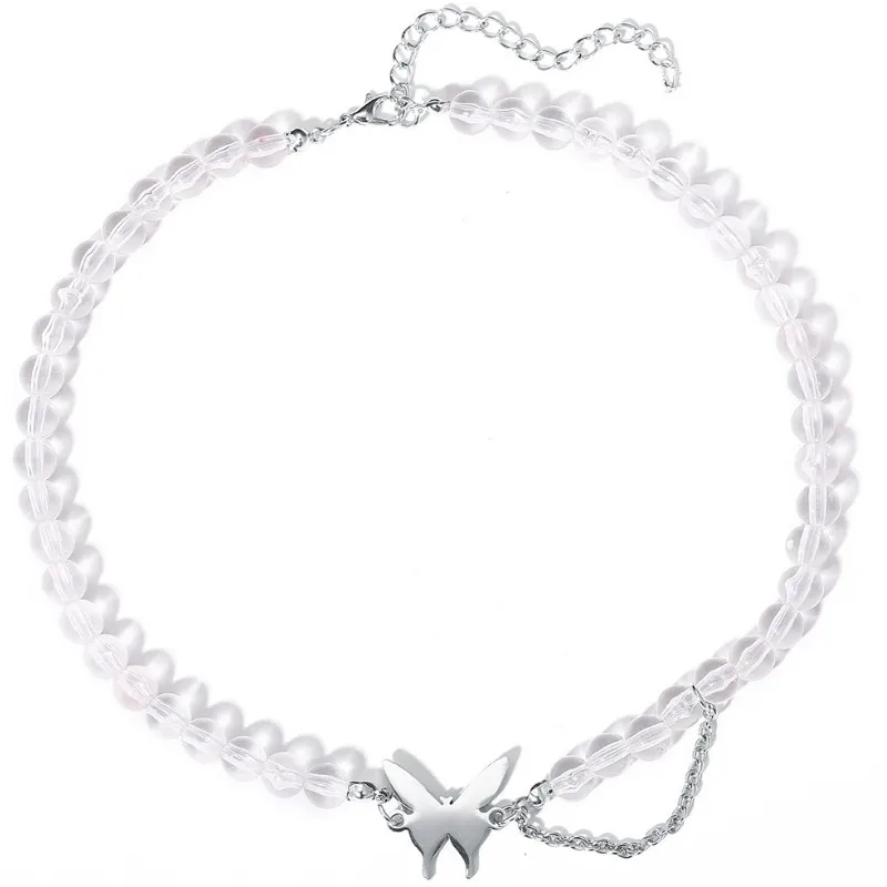 

2021 Vintage Punk Style Transparent Round Bead Butterfly Necklace for Women Gifts Party Exquisite Jewelry