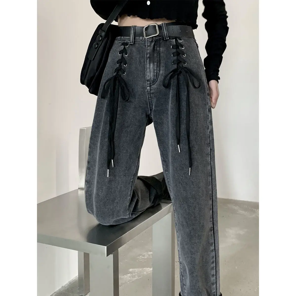 

Vintage High Waist Jeans Women 2021 Chic Bandage Straight Denim Pants Gothic Streetwear Loose Trousers Female Wide Leg Jeans
