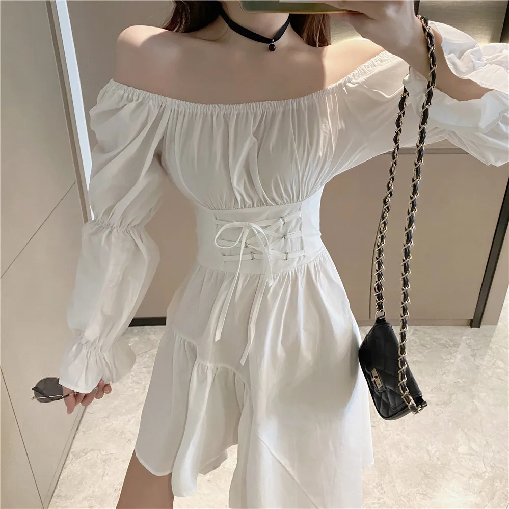 

2021 Spring Korean Long Sleeve High Waist Mid Dresses Ladies fashion vintage Asymmetrical Square Collar Womens Midi Black Dress