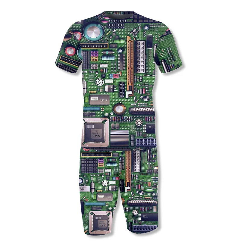 Popular Short Male Set Novelty Integrated Circuit Board Printed Cool Summer Attire Fashion O-Neck Casual Shirt Men's Beach Suit
