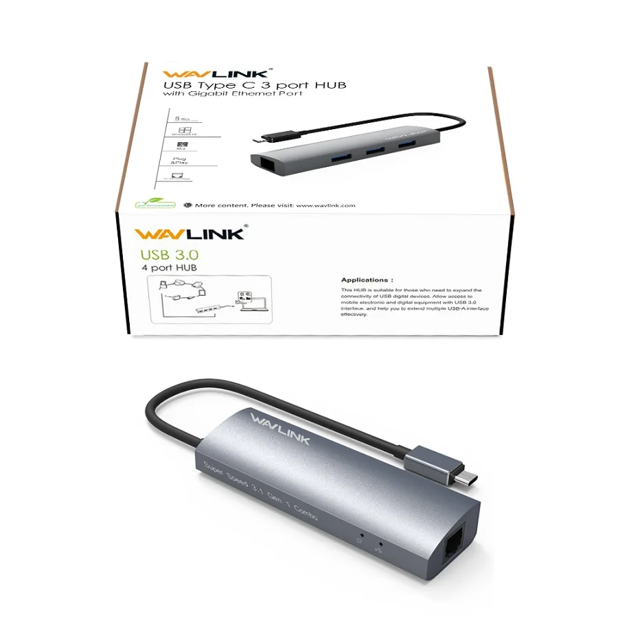 Gray Wavlink USB 3,0 концентратор Ethernet адаптер высокоскоростной 3 порта алюминиевый тип C usb-хаб RJ45 сетевая карта Lan адаптер type C для Macbook - Цвет: Gray