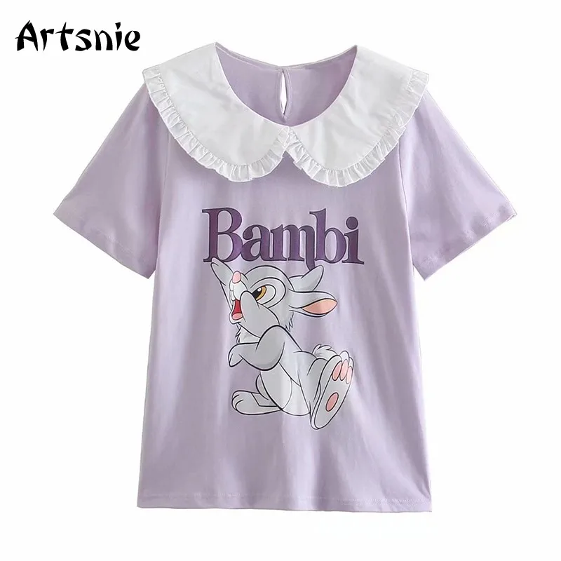 

Artsnie Bambi Cartoon Disney T Shirt Women Summer 2021 O Neck Short Sleeve Tops Streetwear Casual Purple Ruffles T-shirts Femme