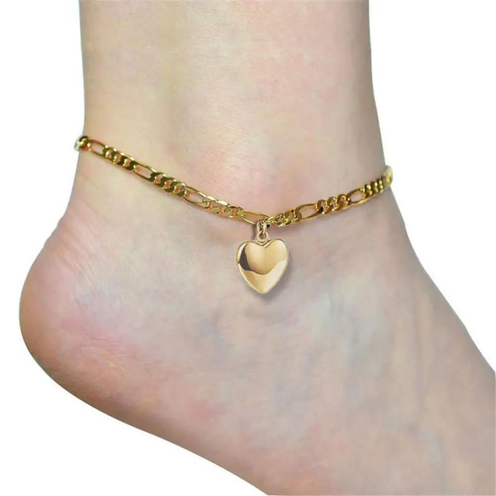 Купи Women's Ankle Leg Bracelet Beach Jewelry Ladies Gold Color Stainless Steel Figaro Chain With Heart Pendant Anklets for Women за 169 рублей в магазине AliExpress