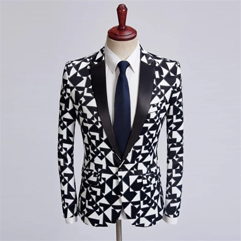 Black white print suit jacket men's dress man blazer homme grande taille casual costume homme mariage luxe блэйзер мужской