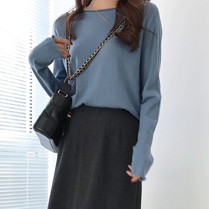 Slouchy Oversize Knitted Top Slash Neck Women Long Sleeve Knit Tops Sweater Pullovers Solid | Женская одежда