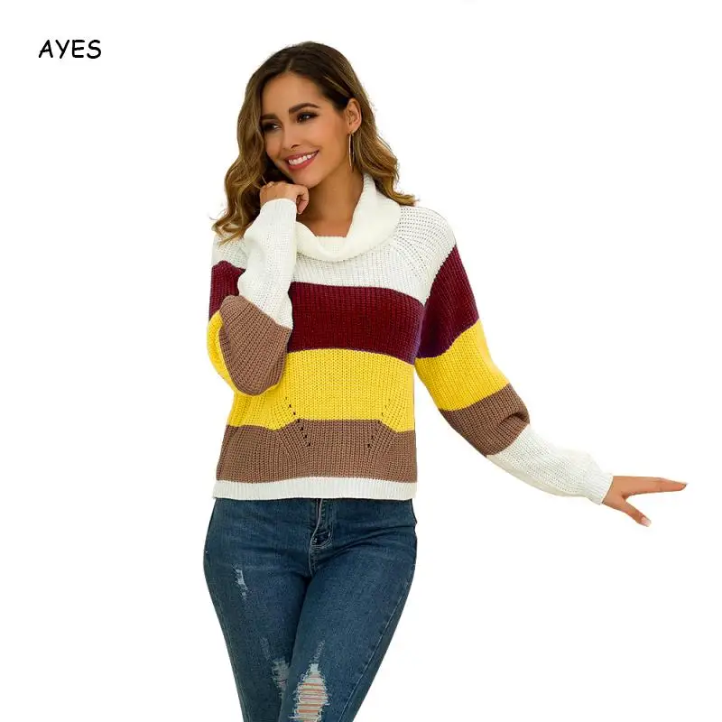 

2019 Autumn Multicolor Striped Sweater Pullover Women Long Sleeve Turtleneck Casual Pullover Knitted Chrismas Women Sweater
