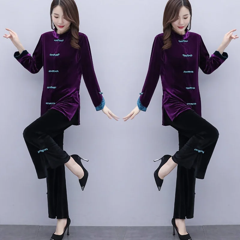 

Chinese Style Velvet Suit Women Velvet Tracksuit Luxury 2 Piece Set Women Turtleneck Two Piece Set Top And Pants Matching Sets