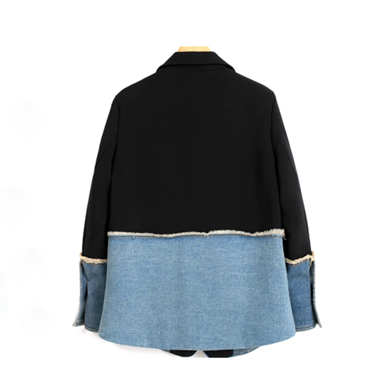 

CHICEVER Asymmetric Blazer For Women Notched Collar Long Sleeve Patchwork Pockets Hit Color Denim Coats Female 2020 Spring New