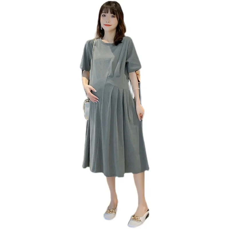 

1950# 2021 Summer Cotton Maternity Dress Chic Ins Patchwork Pleated A Line Loose Clothes for Pregnant Women Casual Pregnancy