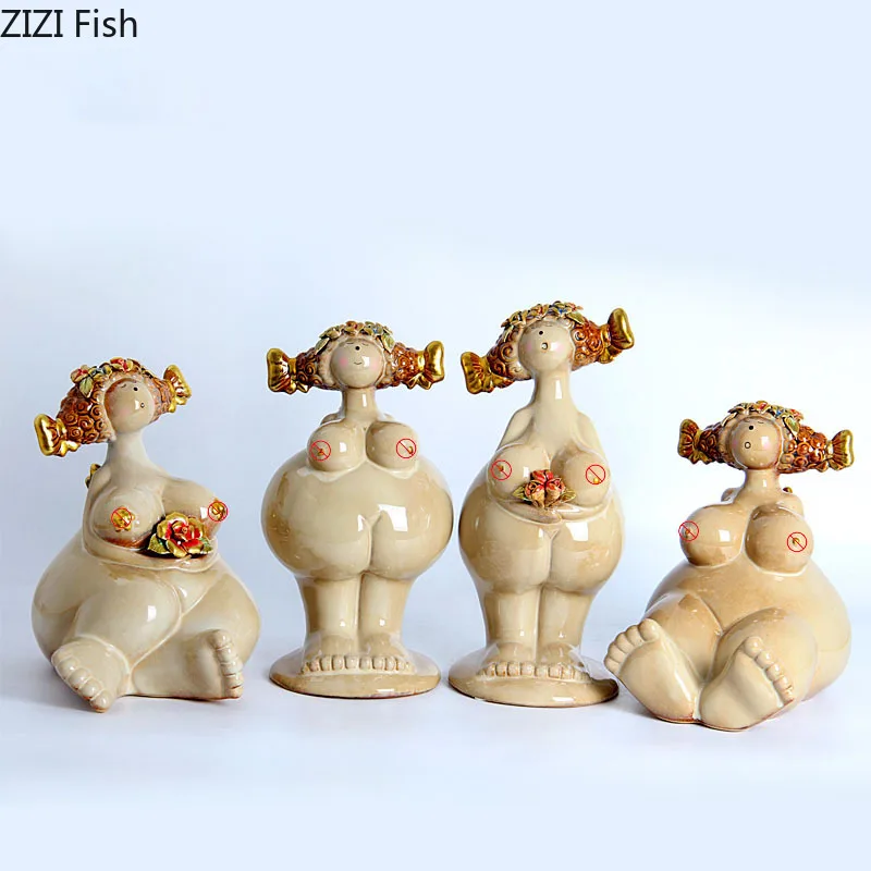 

Fat Girl Ceramic Crafts Ornaments Desk Decoration Nude Girly Figure Sculpture Porcelain Character Statue Modern Home Decor