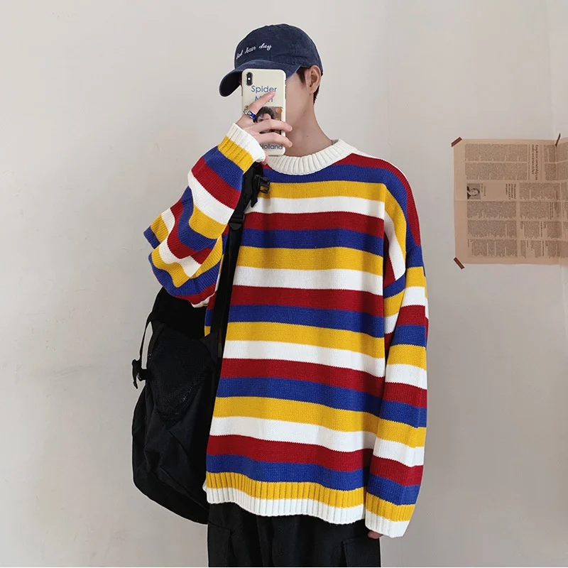 

oversize Autumn Winter Men's Knitted Sweaters 2020 Korean Colorful Striped Man Oversized Pullovers Couple Male Casual Tops