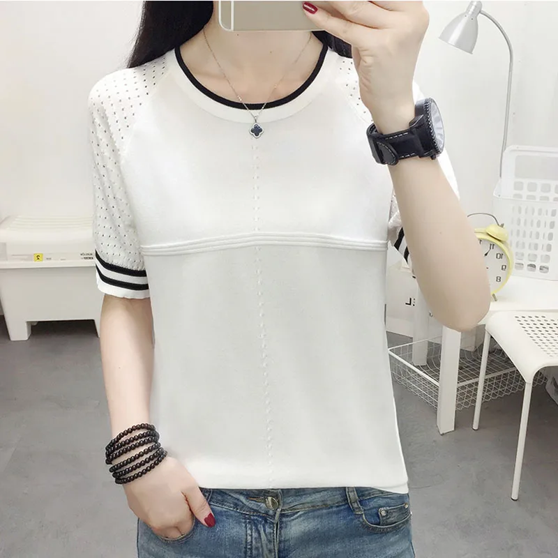 

shintimes 2020 Summer Fashion Thin Knitted T Shirt Women Casual Short Sleeve Loose T-Shirt Patchwork O-Neck Tshirt Female Tops