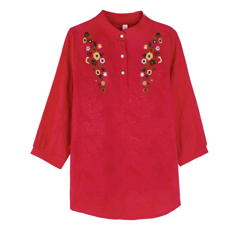 

2020 Spring Summer Ethnic Style Vintage Jacquard Cotton and Linen Three-Quarter Sleeve Shirt Loose Large Size Stand Collar