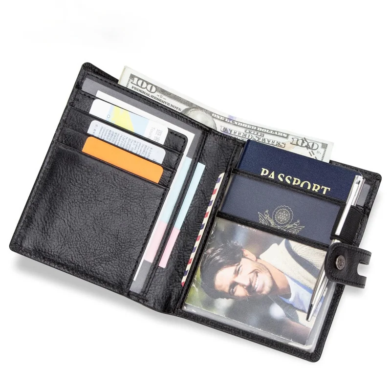 Multifunctional leather passport bag European and American trendy buckle pen with ID holder