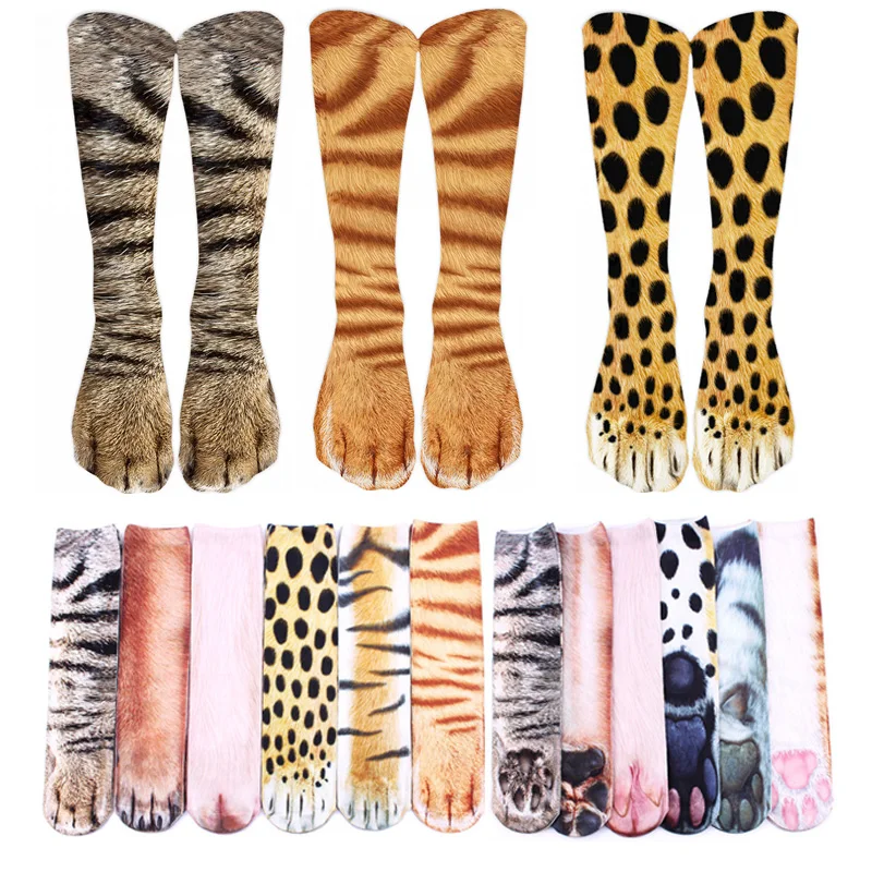 3 Pairs Animals Cat Socks Unisex 3D Printed Funny Tiger Leopard Paw Middle Tube Socks Fashion Happy Gift Combination  Female