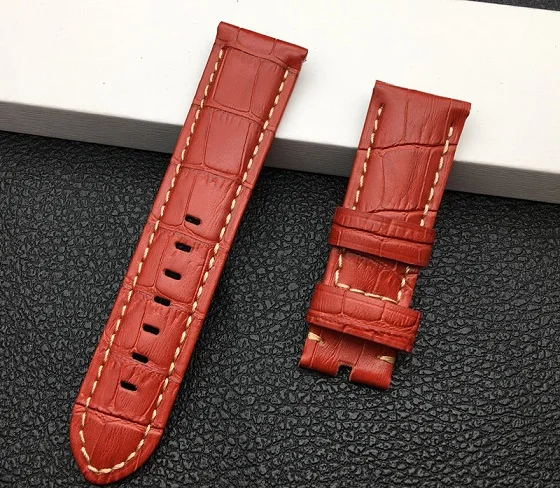 Red strap 22 мм 24 мм 26 мм черный коричневый синий зеленый серый белый Италия телячья бамбуковая кожа ремешок для Panerai ремешок Ремешок пряжка с язычком - Цвет ремешка: Red strap
