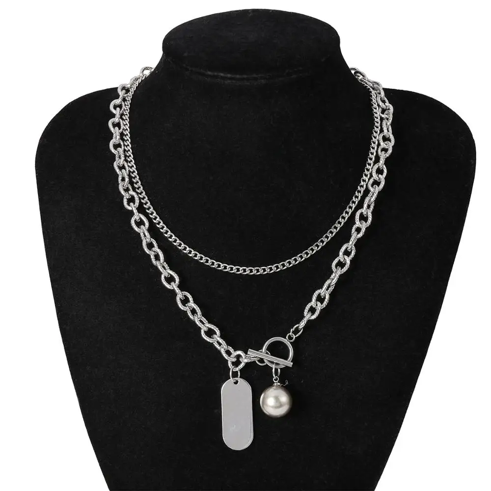 

IngeSight.Z Multi Layer Stainless Steel Chunky Curb Chain Choker Necklace Goth Toggle Clasp Lasso Ball Pendant Necklaces Jewelry