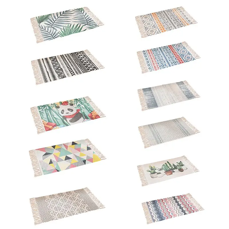 

Floor Mat Cotton Thread Woven Retro Bohemian Style Long Rug Cotton Linen Carpet Bedside Rug Geometric Floor Mat