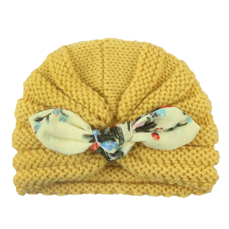 Yellow bunny Вязаная Детская зимняя шапка для девочек, 12 цветов, детская шапочка-тюрбан с жемчугом, детская шапка, шапка для новорожденных девочек, аксессуары для малышей - Цвет: Yellow bunny