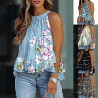womens summer casual lace up neckless tank tops print off shoulder blouses sleeveless plus size pleated shirts