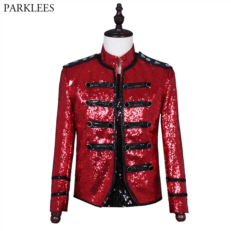 

Men's Red Sequin Steampunk Military Jacket Double Breasted Punk Gothic Parade Suit Jacket Men Party Singer Show Prom Costume 3XL