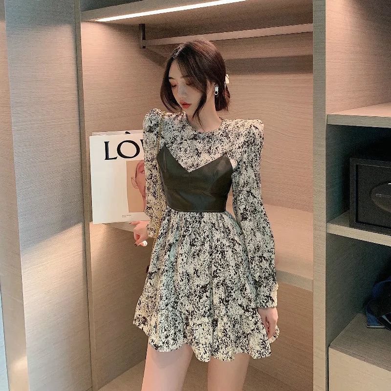 

Floral Print Plus Size Women's Dress Long Sleeve Chiffon Shirt Dresses Black Sling for Women Elegant Party Autumn Winter Vestido