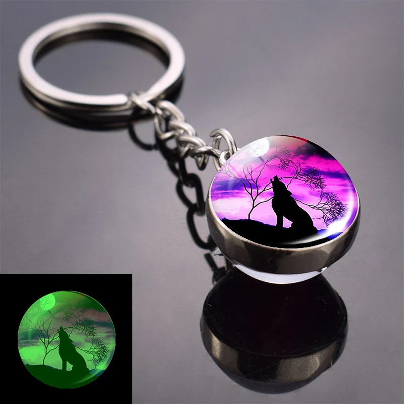 As show 18 Glow in Dark Jewelry Howling Wolf Keychain Wolf Luminous Glass Cabochon Pendant Keyring Double Side Glass Ball Keychain - Цвет: As show 18