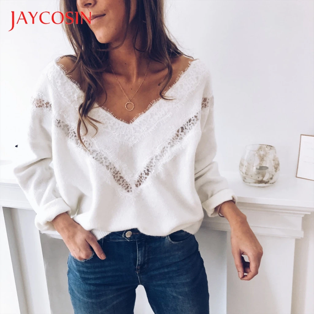 Женский свитер Jaycosin, Осень-зима, длинный рукав, v-образный вырез, кружево, полый, тонкий, пуловер, эластичный джемпер, свободные топы, pull femme