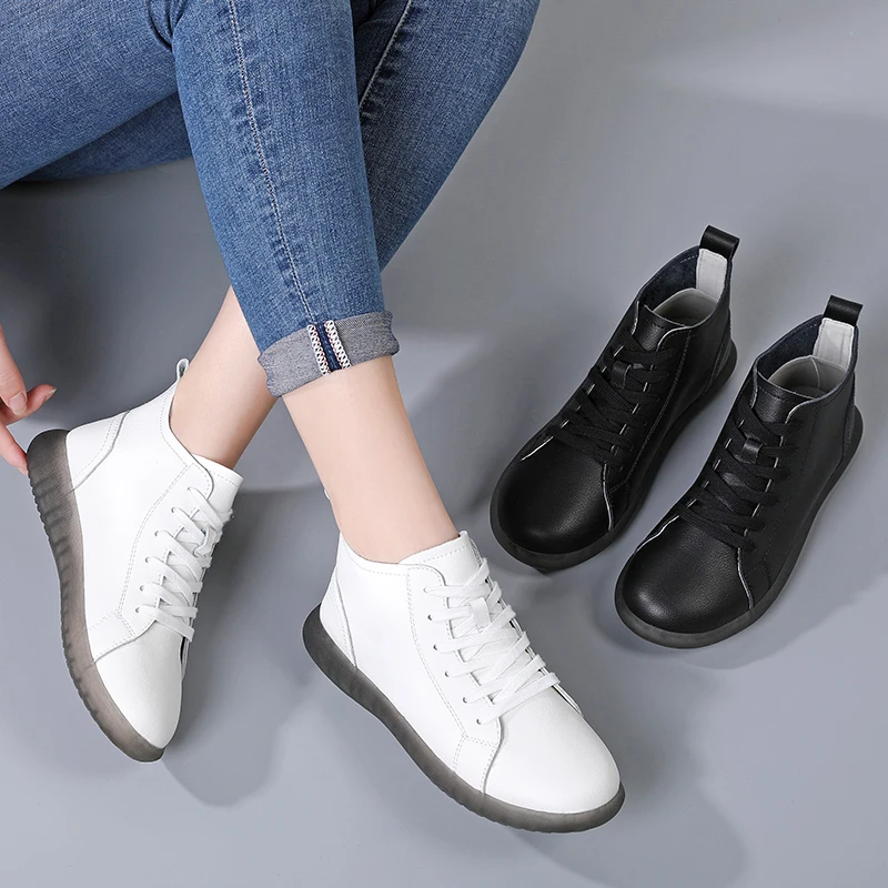 

Autumn Women Ankle Boots Ladies Genuine Leather Shoes Woman Lace Up Rubber Boots Ladies Flat With Botas De Mujer Black White