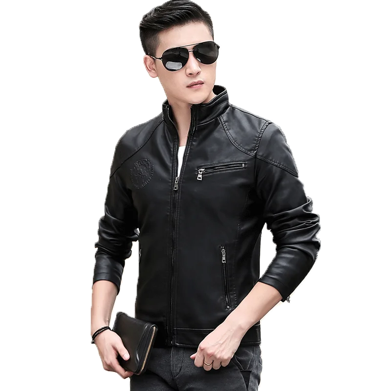 Мужская Флисовая Куртка из искусственной кожи с принтом и воротником стойкой на