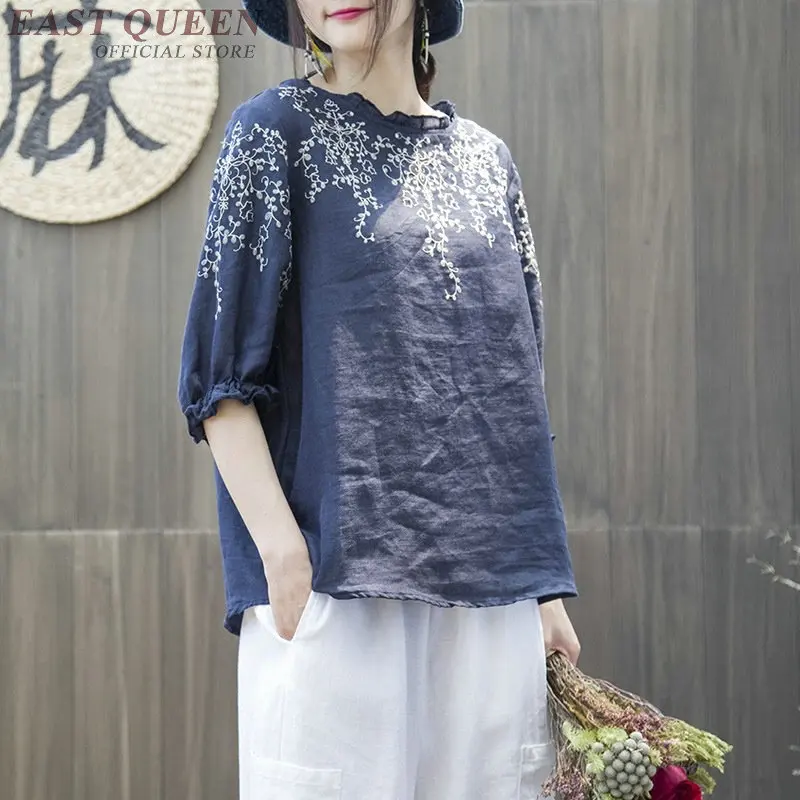 Винтажные Женские китайские Топы с коротким рукавом и круглым вырезом топы