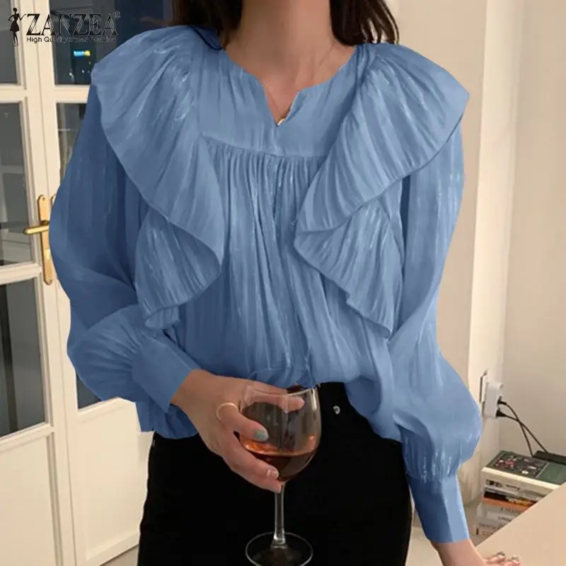 

Женские офисные блузки ZANZEA, 2021 летние лоскутные топы с рюшами, повседневные свободные топы с пышными рукавами и круглым вырезом, большие раз...