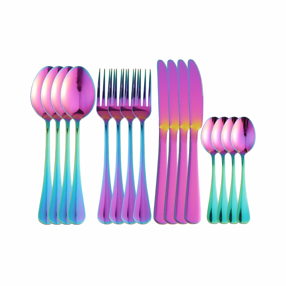 

16Pcs Rainbow Stainless Steel Cutlery Tableware Set Dinnerware Dinner Flatware Set Forks Knives Spoons Set Party Home Silverware