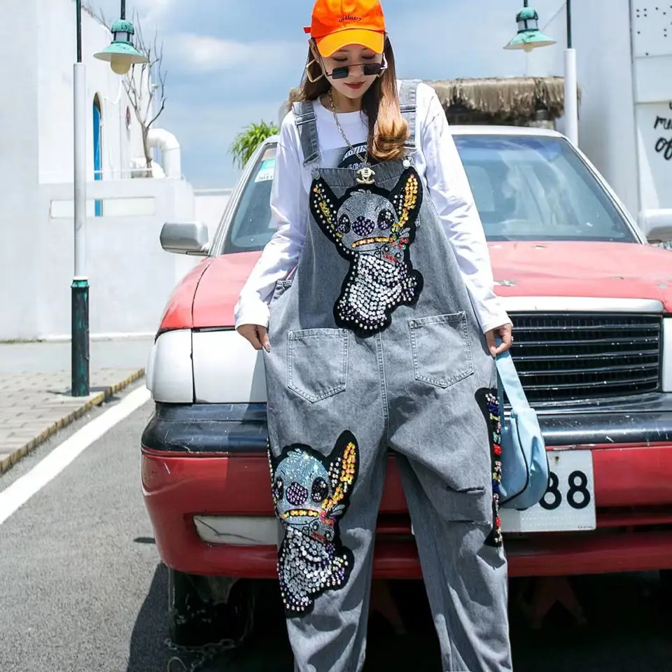 

Disney Stitch Heavy Industry Beaded Denim Bib Pants Western Style Loose Sequin Fashion Siamese Pants